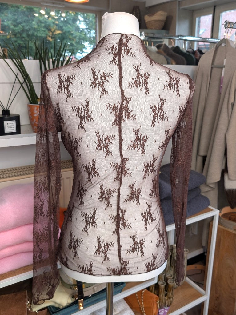 Elegantes Langarm-Shirt Schoko Braun mega elastisch seidig weich, hochwertige Spitzenstoffmischung. Ideal für stilvolle Alltagskombinationen und elegante Abende