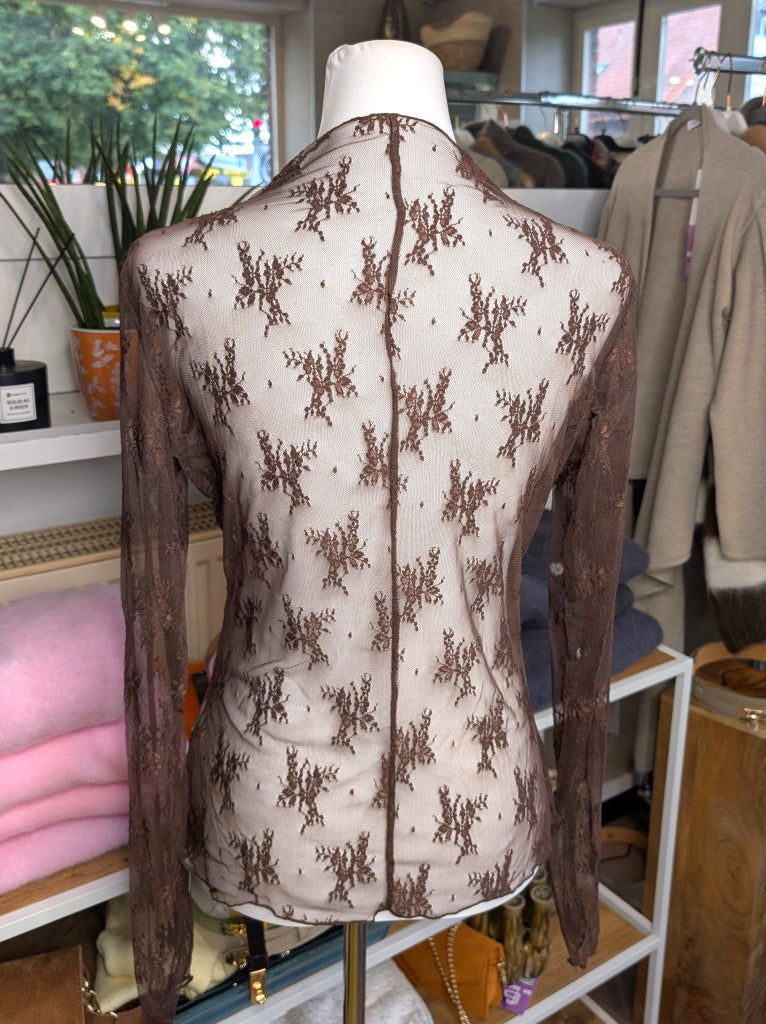 Elegantes Langarm-Shirt Schoko Braun mega elastisch seidig weich, hochwertige Spitzenstoffmischung. Ideal für stilvolle Alltagskombinationen und elegante Abende