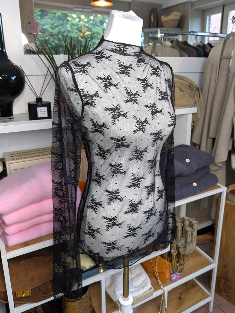Elegantes Langarm-Shirt Schwarz mega Elastizität seidig weich, hochwertige Spitzenstoffmischung. Ideal für stilvolle Alltagskombinationen oder elegante Abende.