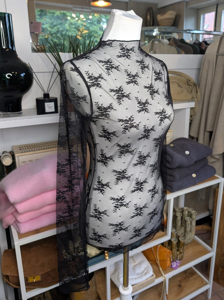 Elegantes Langarm-Shirt Schwarz mega Elastizität seidig weich, hochwertige Spitzenstoffmischung. Ideal für stilvolle Alltagskombinationen oder elegante Abende.