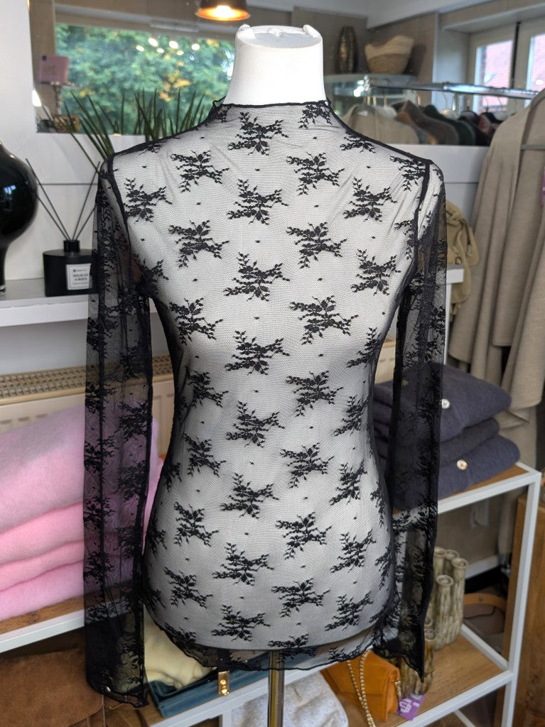 Elegantes Langarm-Shirt Schwarz mega Elastizität seidig weich, hochwertige Spitzenstoffmischung. Ideal für stilvolle Alltagskombinationen oder elegante Abende.