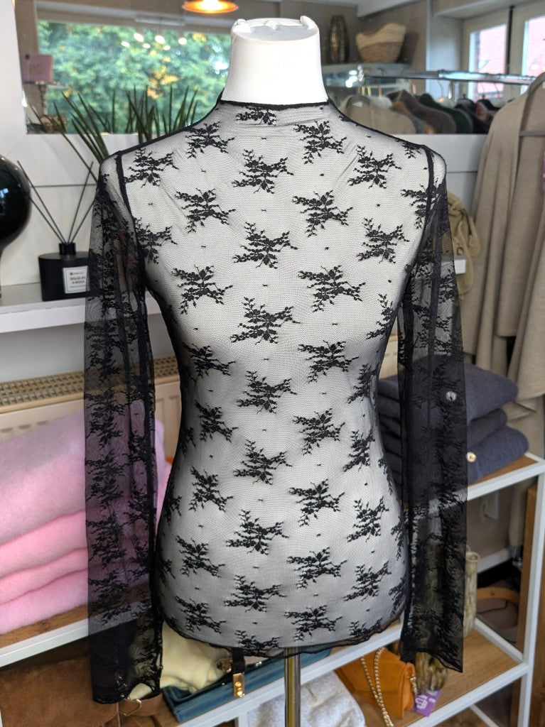 Elegantes Langarm-Shirt Schwarz mega Elastizität seidig weich, hochwertige Spitzenstoffmischung. Ideal für stilvolle Alltagskombinationen oder elegante Abende.