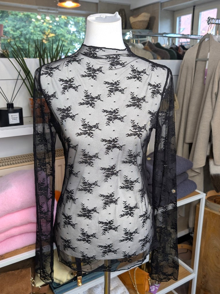 Elegantes Langarm-Shirt Schwarz mega Elastizität seidig weich, hochwertige Spitzenstoffmischung. Ideal für stilvolle Alltagskombinationen oder elegante Abende.