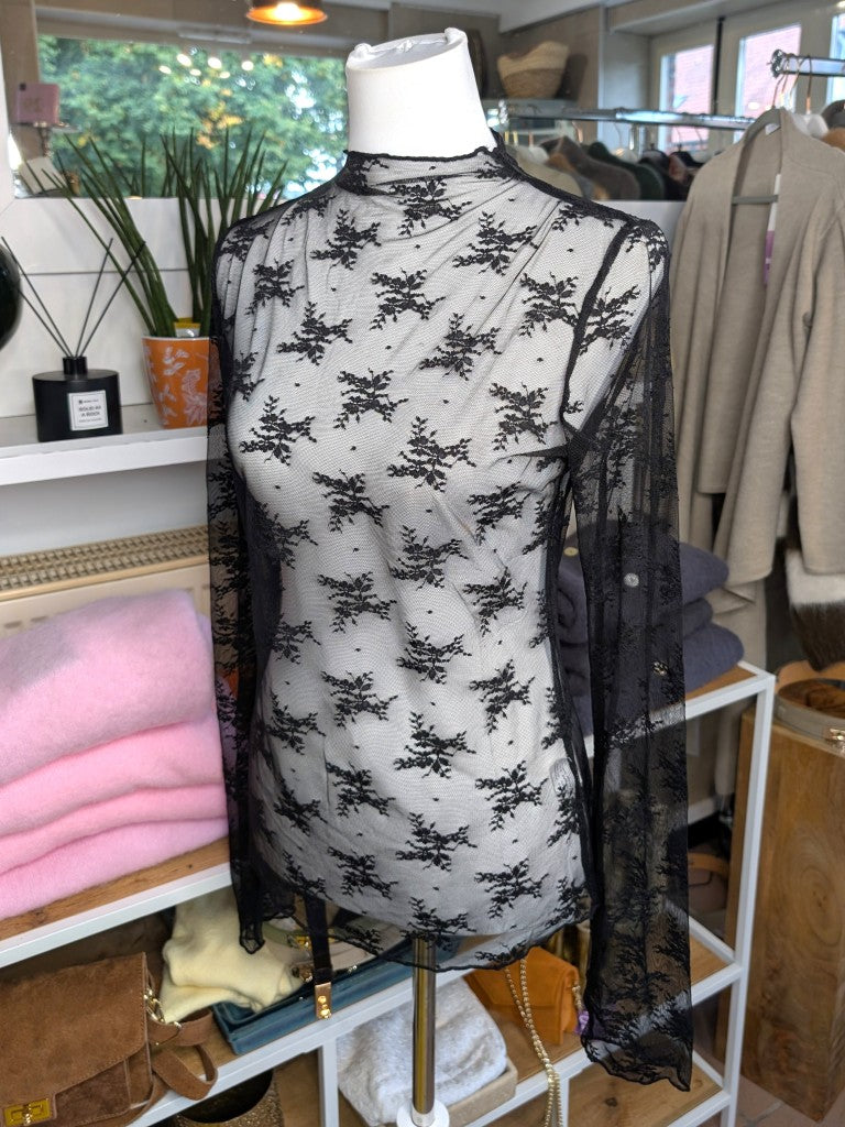 Elegantes Langarm-Shirt Schwarz mega Elastizität seidig weich, hochwertige Spitzenstoffmischung. Ideal für stilvolle Alltagskombinationen oder elegante Abende.