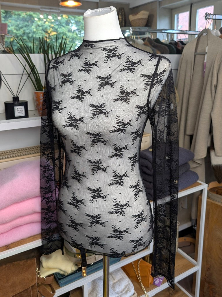 Elegantes Langarm-Shirt Schwarz mega Elastizität seidig weich, hochwertige Spitzenstoffmischung. Ideal für stilvolle Alltagskombinationen oder elegante Abende.