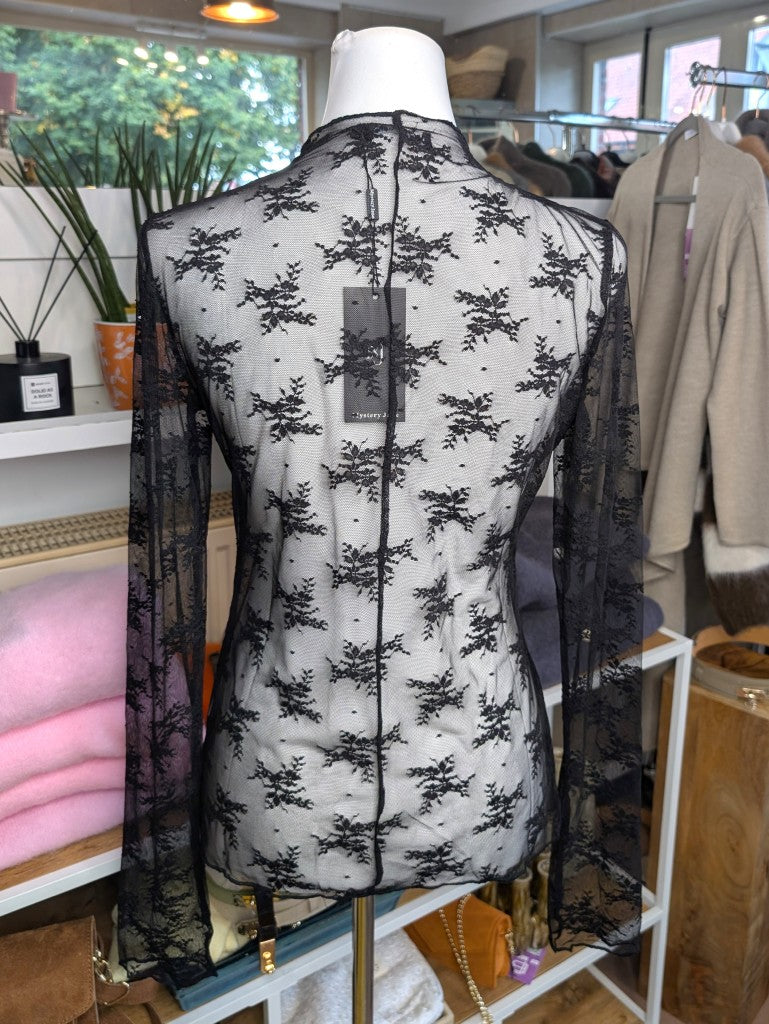 Elegantes Langarm-Shirt Schwarz mega Elastizität seidig weich, hochwertige Spitzenstoffmischung. Ideal für stilvolle Alltagskombinationen oder elegante Abende.