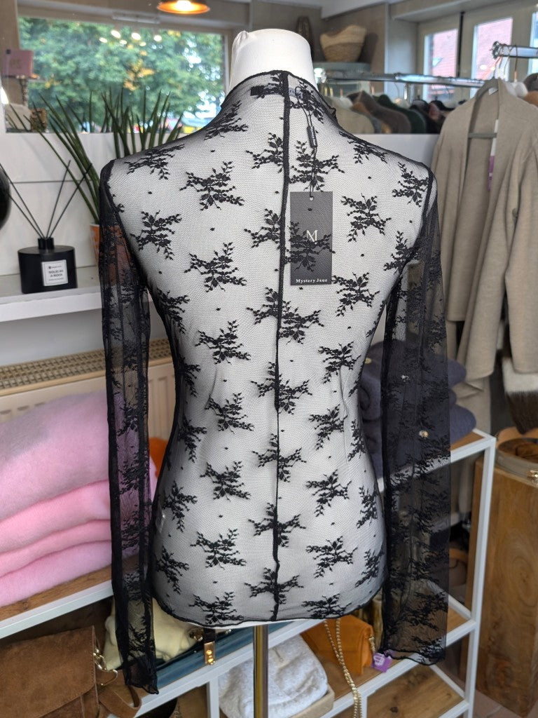 Elegantes Langarm-Shirt Schwarz mega Elastizität seidig weich, hochwertige Spitzenstoffmischung. Ideal für stilvolle Alltagskombinationen oder elegante Abende.