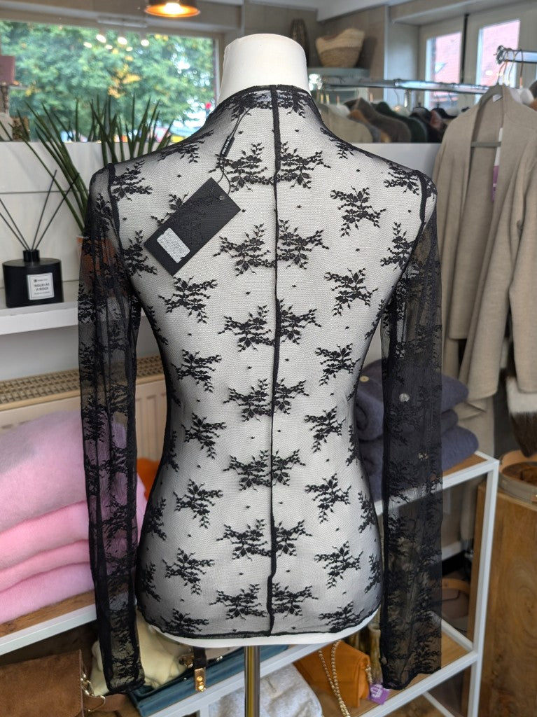 Elegantes Langarm-Shirt Schwarz mega Elastizität seidig weich, hochwertige Spitzenstoffmischung. Ideal für stilvolle Alltagskombinationen oder elegante Abende.