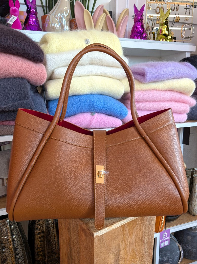 Wunderschöne Shopping Bag aus weichem Leder Cross-Body tragbar mit Schulterriemen Braun Rot Gold im Marlon Firenze Large Tote Bag Venezia Stil - Must-Have!