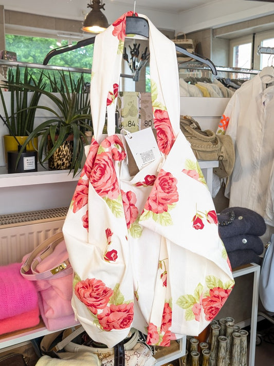 Shopping Bag floral Rosen von LUMINA kombiniert Funktionalität und Stil in Blumen Muster Weiß Rot Grün - perfekt für's Shopping, Ausflug und Strand!