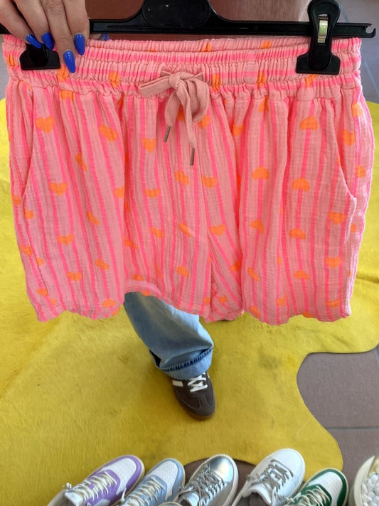 Shorts gestreift Mousselin Rosa Pink mit Herzen Orange One Size - von BELIEVE