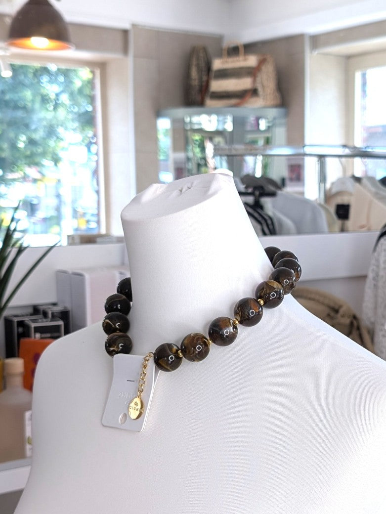 Zeigen Sie Ihre Persönlichkeit mit unserem großartigen Statement Halskette mit XL Perlen aus Acryl und Kupfer in Perlmutt Coffee Braun mit Edelstahl Gold!