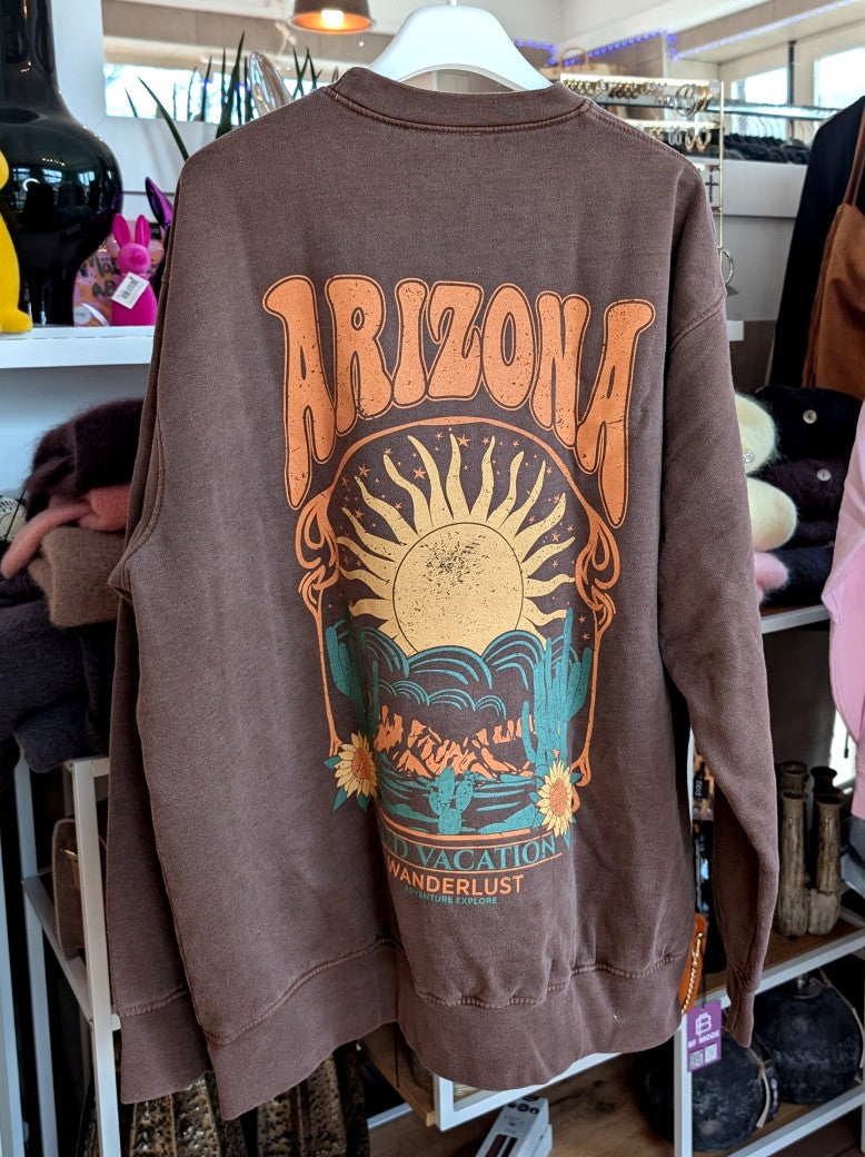 Das markante Arizona Sonne Sweatshirt mit Backprint setzt auf Coffee Braun ein visuelles Highlight in Gelb Ocker Orange Grün. Setze ein individuelles Statement!