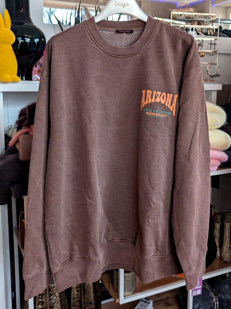 Das markante Arizona Sonne Sweatshirt mit Backprint setzt auf Coffee Braun ein visuelles Highlight in Gelb Ocker Orange Grün. Setze ein individuelles Statement!