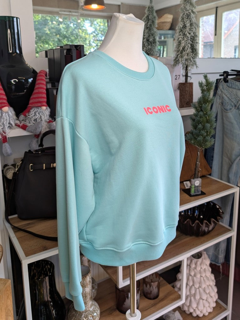 Das markante ICONIC Sweatshirt mit Backprint setzt auf Türkis ein visuelles Highlight in den Trendfarben Neon Pink und Orange. Setze ein individuelles Statement