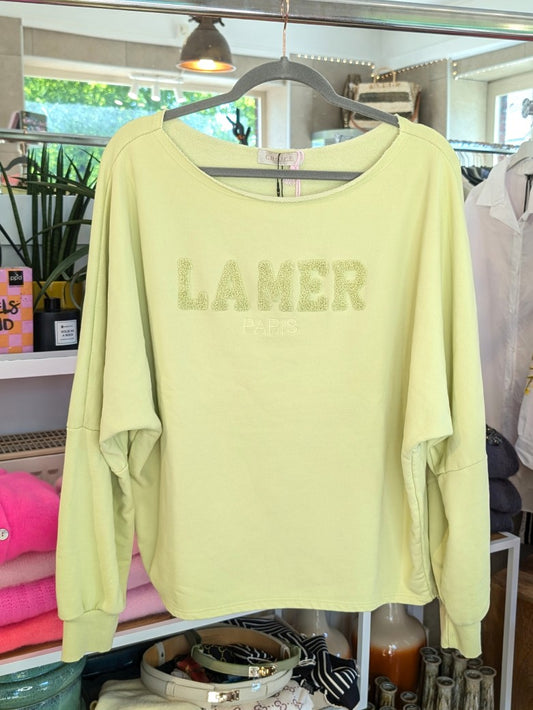 Hochwertiges Sweatshirt aus Baumwolle mit charaktervollem Flock-Print „LA MER Paris" in zartem Mint-Ton. Perfekt für entspannte Momente oder stilvolles Geschenk!