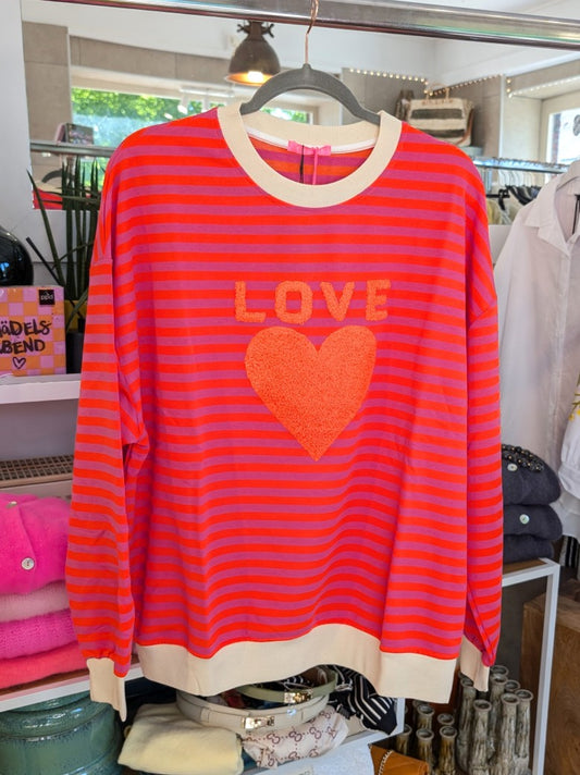Gemütliches leichtes Sweatshirt mit knalligen Streifen in Neon Rot und Pink und modernem Flock-Print Love Herz in Orange - perfekt für den Sommer!