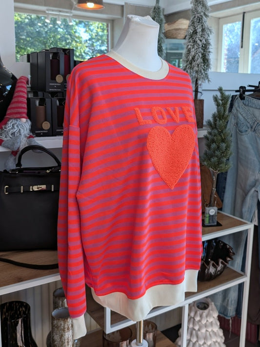 Gemütliches leichtes Sweatshirt mit knalligen Streifen in Neon Rot und Pink und modernem Flock-Print Love Herz in Orange - perfekt für den Sommer!