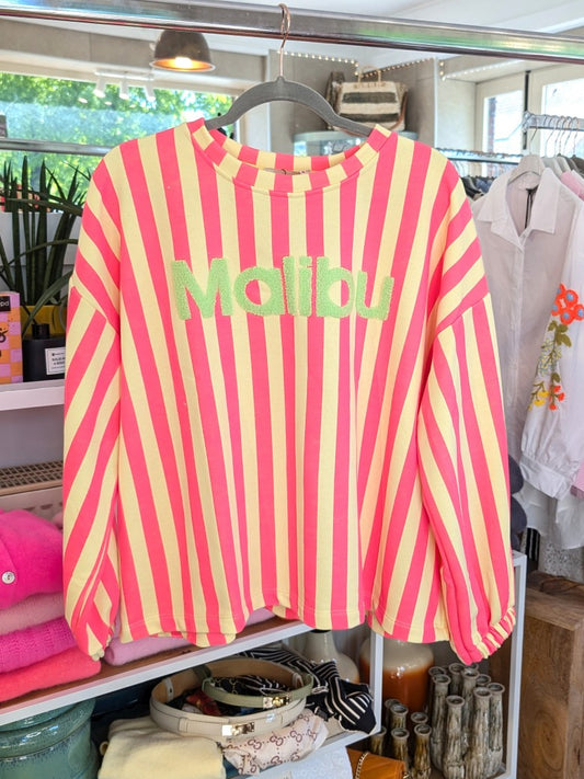 Gemütliches leichtes Sweatshirt mit knalligen Streifen in Neon Pink und Butter Yellow und modernem Flock-Print Malibu in Mintgrün - perfekt für den Sommer!