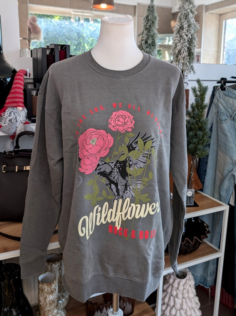 Retro-Ästhetik Sweatshirt Wildflower 1995 Rock & Roll – Vintage-inspiriertes Design mit lebendigen Farben in Rosa, Rot, Grün und Grau aus hochwertiger Baumwolle!