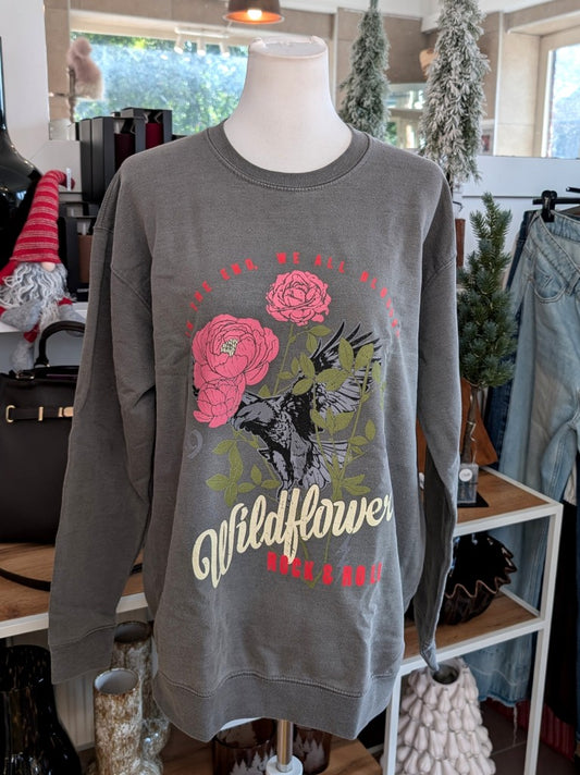 Retro-Ästhetik Sweatshirt Wildflower 1995 Rock & Roll – Vintage-inspiriertes Design mit lebendigen Farben in Rosa, Rot, Grün und Grau aus hochwertiger Baumwolle!