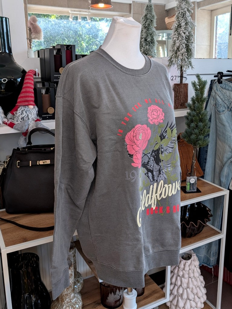 Retro-Ästhetik Sweatshirt Wildflower 1995 Rock & Roll – Vintage-inspiriertes Design mit lebendigen Farben in Rosa, Rot, Grün und Grau aus hochwertiger Baumwolle!