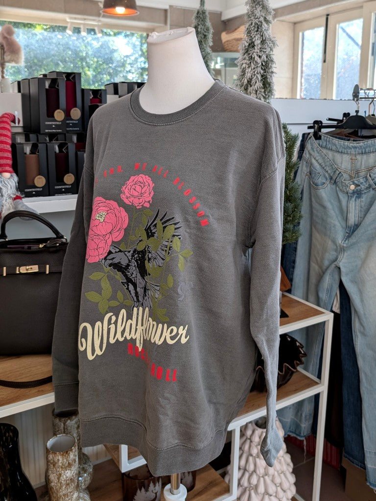 Retro-Ästhetik Sweatshirt Wildflower 1995 Rock & Roll – Vintage-inspiriertes Design mit lebendigen Farben in Rosa, Rot, Grün und Grau aus hochwertiger Baumwolle!