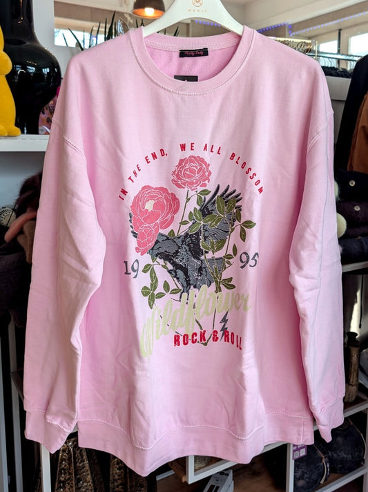 Retro-Ästhetik Sweatshirt Wildflower 1995 Rock & Roll – Vintage-inspiriertes Design mit lebendigen Farben in Rosa, Rot, Grün und Grau aus hochwertiger Baumwolle!