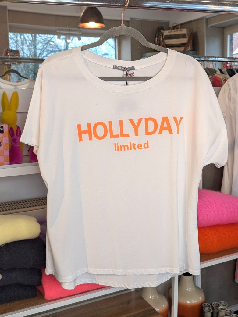 Lässiges T-Shirt mit kontrastreichem Weiß Neon Orange Farbspiel. Das zeitlose Design passt zu vielen Outfits und überzeugt durch seine schlichte Eleganz.