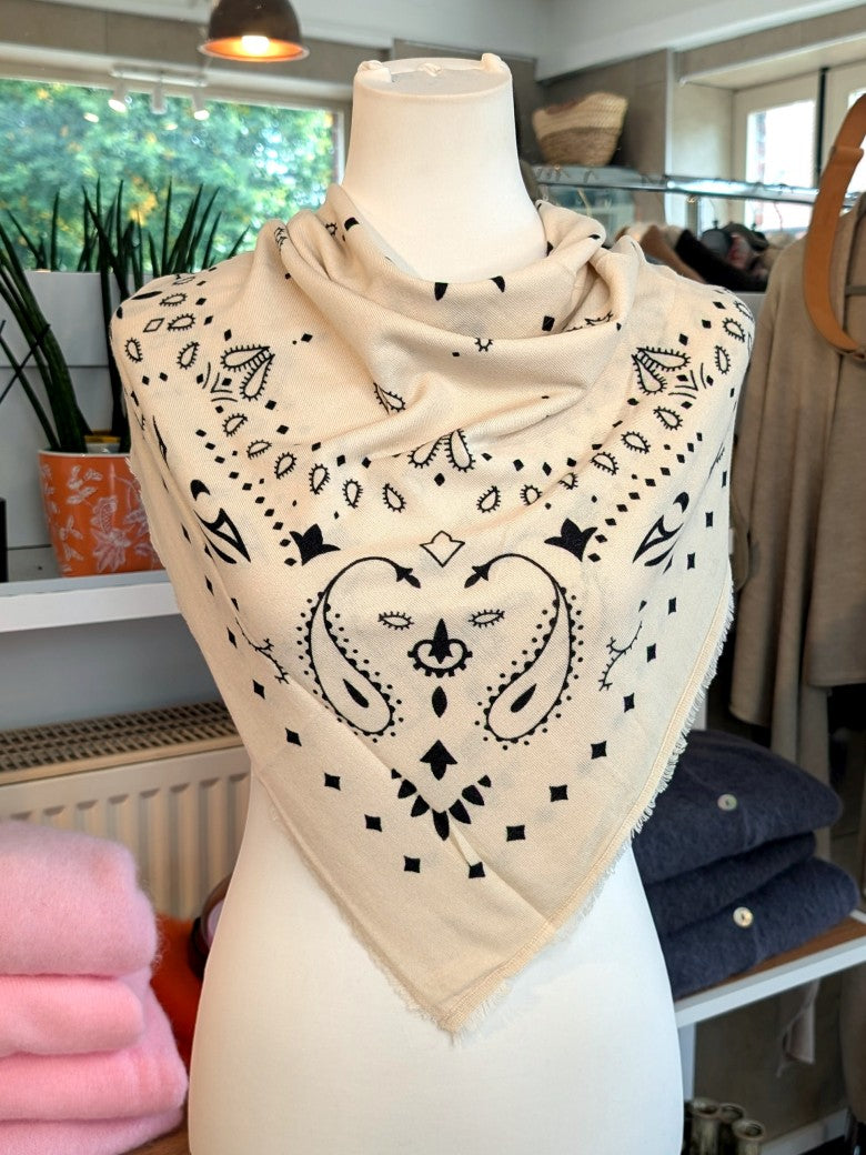 Raffiniert elegantes Paisley Tuch aus Kaschmir Merino Wolle in Beige Schwarz. Styling als Halstuch, Kopftuch, Tuch um die Hüften oder stilvolles Accessoire!