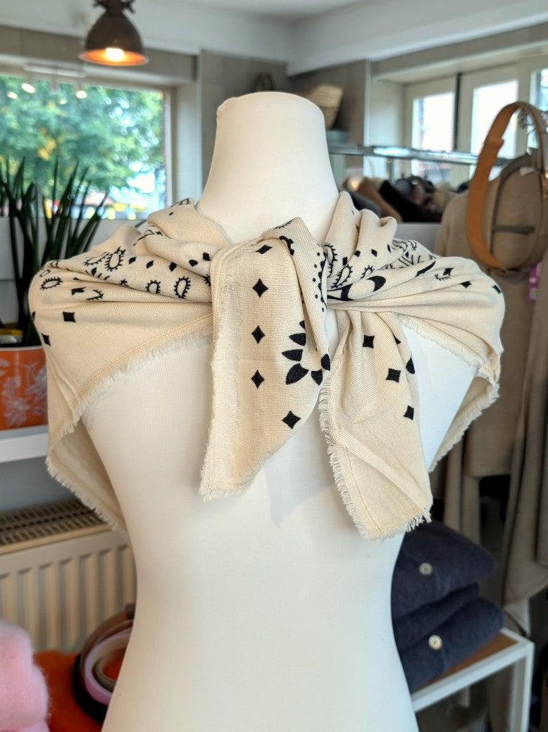 Raffiniert elegantes Paisley Tuch aus Kaschmir Merino Wolle in Beige Schwarz. Styling als Halstuch, Kopftuch, Tuch um die Hüften oder stilvolles Accessoire!