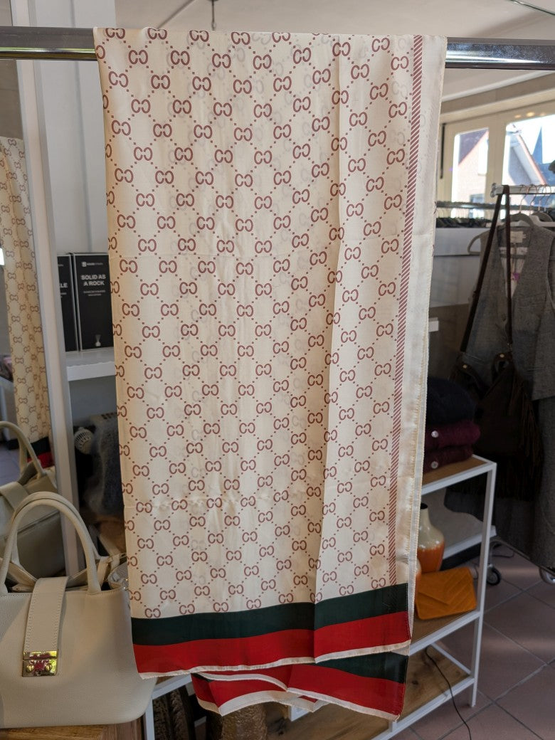 Das elegante Tuch aus Seide und Viskose im Gucci Stil in Creme Rot mit Rand in Grün und Rot bietet Stylingmöglichkeiten von lässig bis chic!