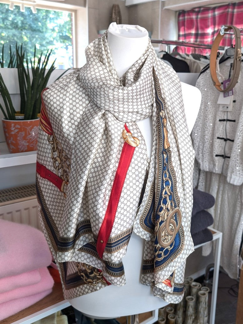 Hochwertiges Seide Viskose Rechtecktuch im zeitlosen Gucci-Stil in Créme Taupe Rot Blau Gold - als Schultertuch, Halstuch, Hüfttuch oder elegantes Accessoire.