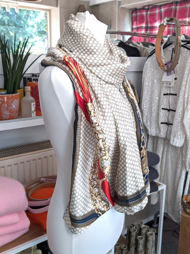 Hochwertiges Seide Viskose Rechtecktuch im zeitlosen Gucci-Stil in Créme Taupe Rot Blau Gold - als Schultertuch, Halstuch, Hüfttuch oder elegantes Accessoire.