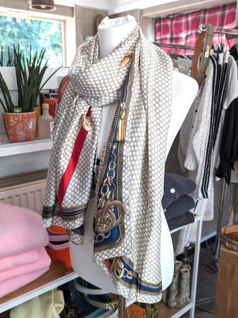 Hochwertiges Seide Viskose Rechtecktuch im zeitlosen Gucci-Stil in Créme Taupe Rot Blau Gold - als Schultertuch, Halstuch, Hüfttuch oder elegantes Accessoire.