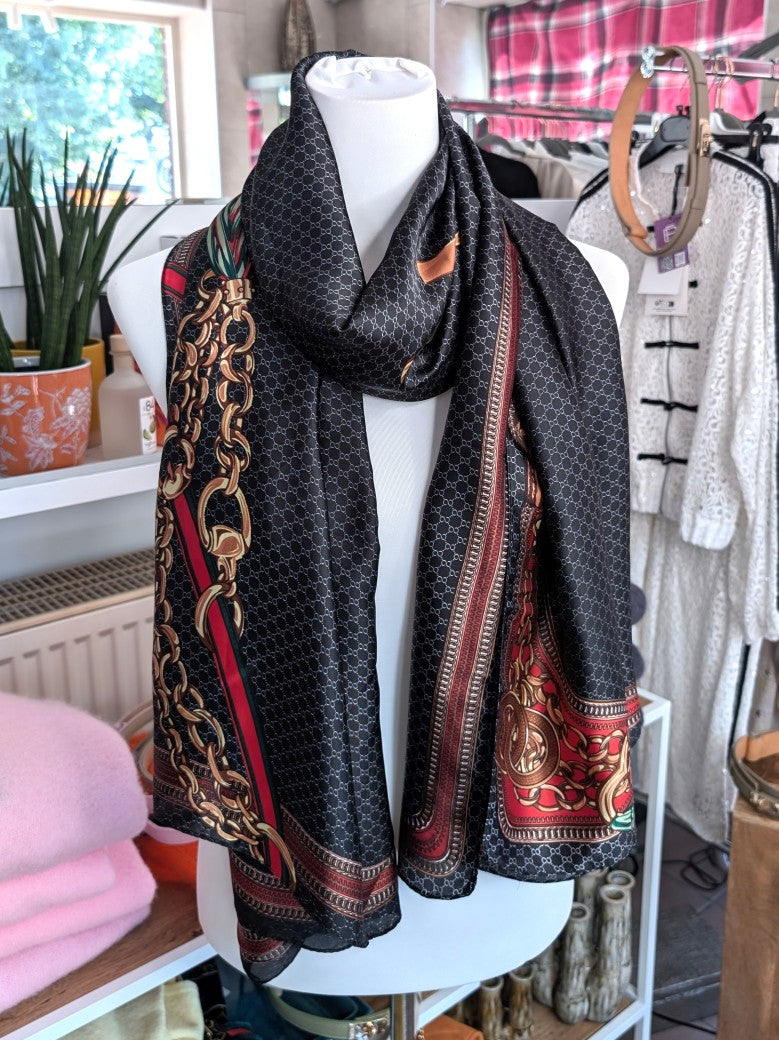 Hochwertiges Seide Viskose Rechtecktuch im zeitlosen Gucci-Stil in Schwarz Gold Silber Rot Grün - als Schultertuch, Halstuch, Hüfttuch oder elegantes Accessoire.