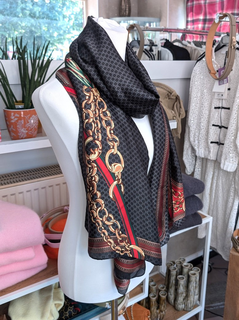 Hochwertiges Seide Viskose Rechtecktuch im zeitlosen Gucci-Stil in Schwarz Gold Silber Rot Grün - als Schultertuch, Halstuch, Hüfttuch oder elegantes Accessoire.