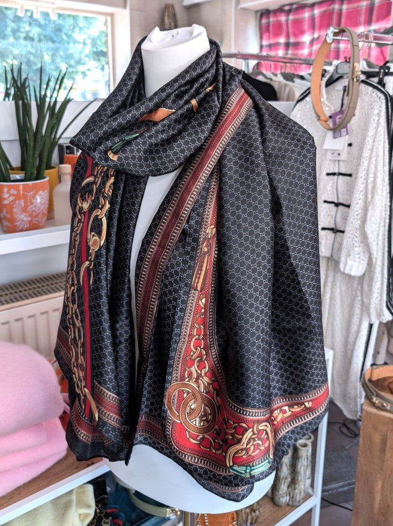 Hochwertiges Seide Viskose Rechtecktuch im zeitlosen Gucci-Stil in Schwarz Gold Silber Rot Grün - als Schultertuch, Halstuch, Hüfttuch oder elegantes Accessoire.