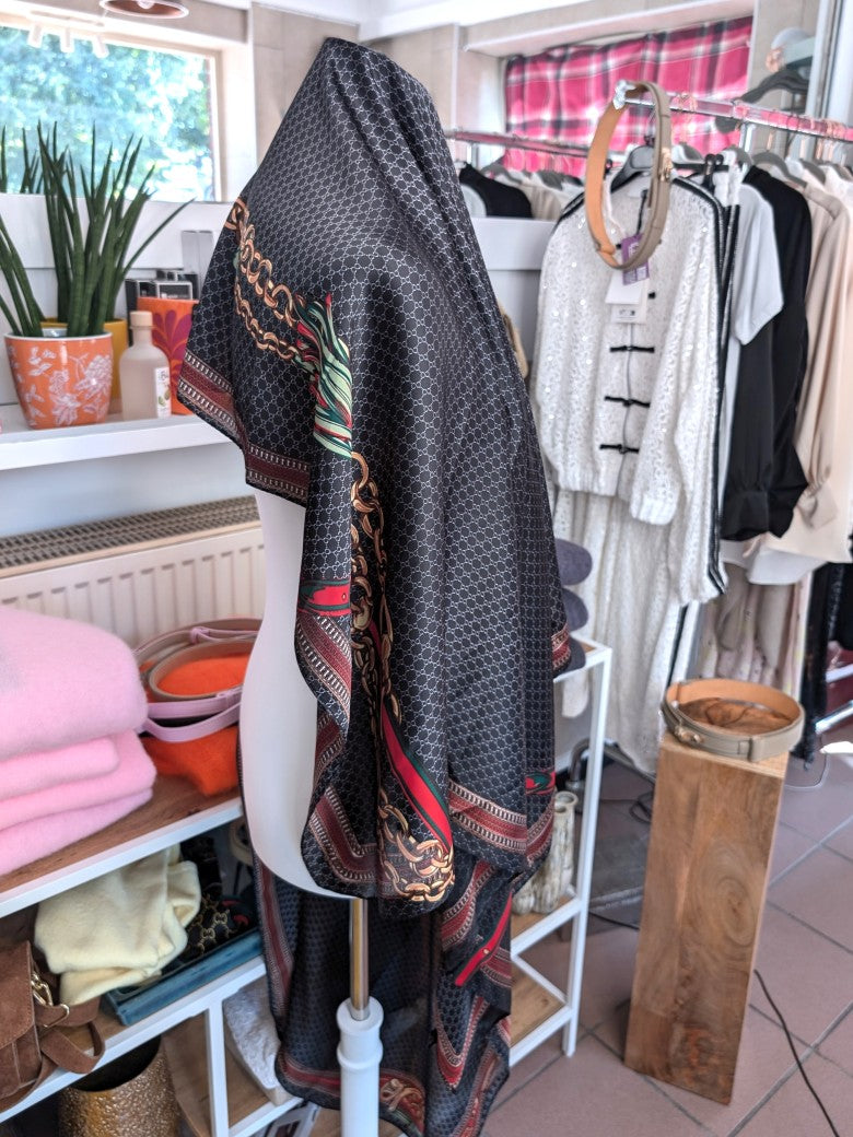 Hochwertiges Seide Viskose Rechtecktuch im zeitlosen Gucci-Stil in Schwarz Gold Silber Rot Grün - als Schultertuch, Halstuch, Hüfttuch oder elegantes Accessoire.