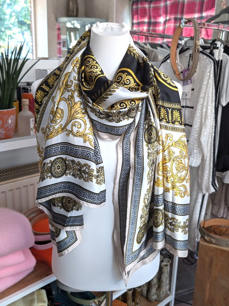 Hochwertiges Rechtecktuch im zeitlosen Versace-Stil in Crème Schwarz Gold aus Seide Viskose - als Schultertuch, Halstuch, Hüfttuch oder elegantes Accessoire.