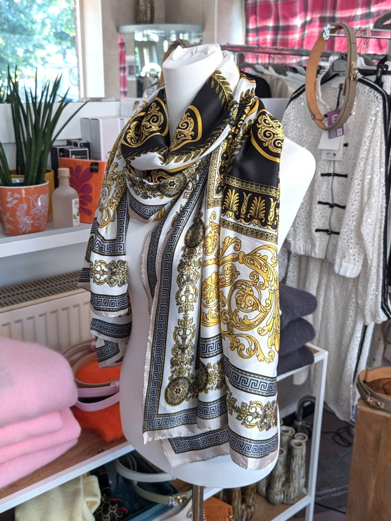 Hochwertiges Rechtecktuch im zeitlosen Versace-Stil in Crème Schwarz Gold aus Seide Viskose - als Schultertuch, Halstuch, Hüfttuch oder elegantes Accessoire.