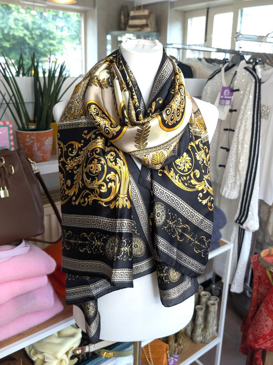 Hochwertiges Rechtecktuch im zeitlosen Versace-Stil in Crème Schwarz Gold aus Seide und Viskose - als Schultertuch, Halstuch, Hüfttuch oder elegantes Accessoire.
