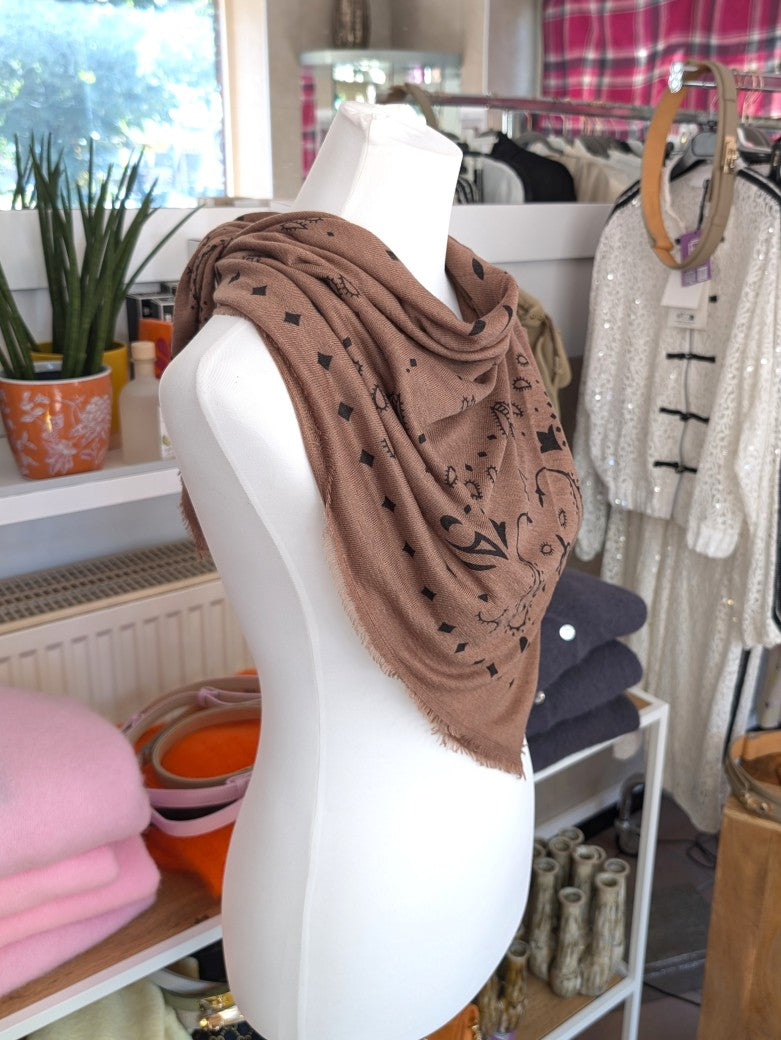 Raffiniert elegantes Paisley Tuch aus Kaschmir Merino Wolle in Braun Schwarz. Styling als Halstuch, Kopftuch, Tuch um die Hüften oder stilvolles Accessoire!