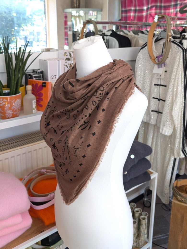 Raffiniert elegantes Paisley Tuch aus Kaschmir Merino Wolle in Braun Schwarz. Styling als Halstuch, Kopftuch, Tuch um die Hüften oder stilvolles Accessoire!