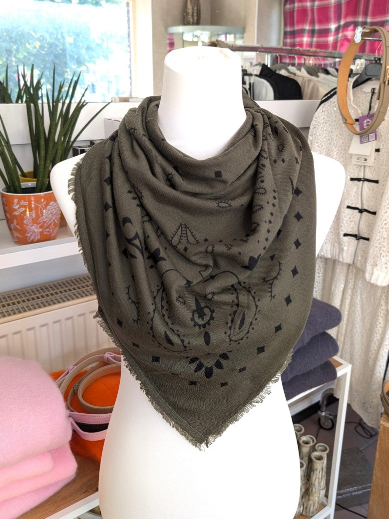 Raffiniert elegantes Paisley Tuch aus Kaschmir Merino Wolle in Khaki Schwarz. Styling als Halstuch, Kopftuch, Tuch um die Hüften oder stilvolles Accessoire!