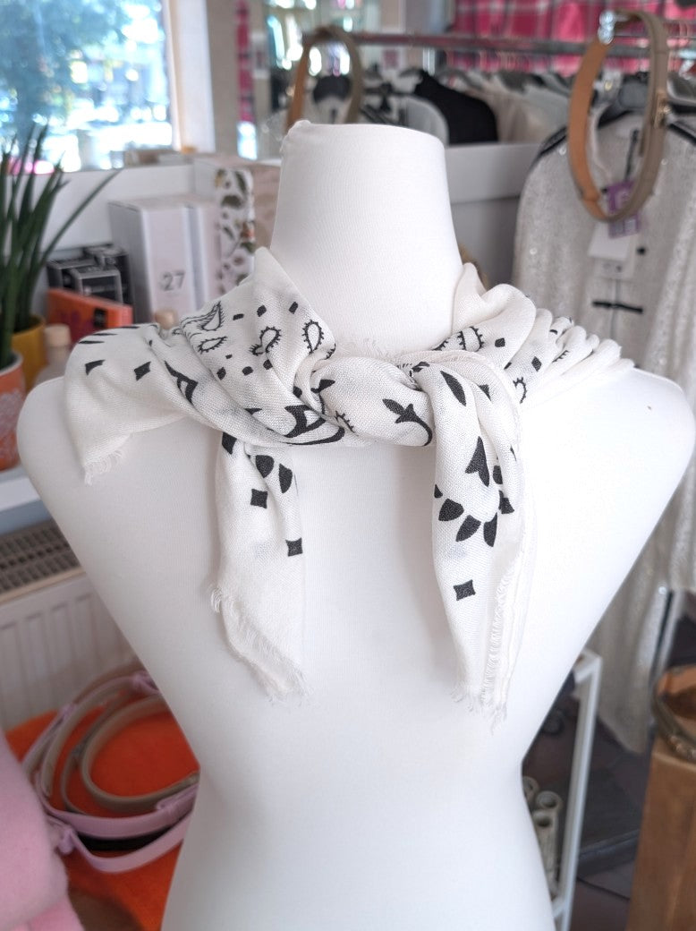 Raffiniert elegantes Paisley Tuch aus Kaschmir Merino Wolle in Weiß Schwarz. Styling als Halstuch, Kopftuch, Tuch um die Hüften oder stilvolles Accessoire!