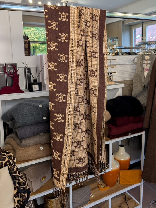 Elegantes Wendetuch im Leo Fendi Stil in Coffee Braun Beige Gold mit Fransen aus hochwertiger Viskose und Wolle - Stylingmöglichkeiten von lässig bis chic!