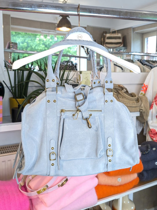 Elegante geräumige Wildledertasche im angesagten Balenciaga City Bag Stil - hochwertige Verarbeitung mit charakteristischen Fransen und Beschlägen in Antik Gold.