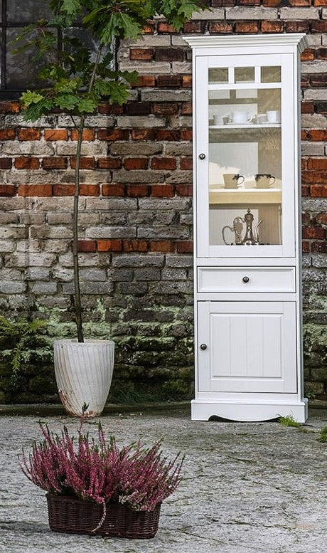 Bologna Elegante - Schmale Vitrine aus Kiefer Massivholz - Eleganter Stauraum in Weiß