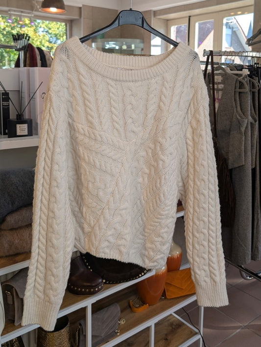 Der asymmetrische Zopfmuster Pulli aus weicher Viskose und Nylon in Creme ist ein zeitloses Statement für stilbewusste Frauen - perfekt für gemütliche Tage!